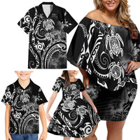 Aloha Hawaii Turtles Floral Family Matching Off Shoulder Short Dress and Hawaiian Shirt Obsidian Glaze