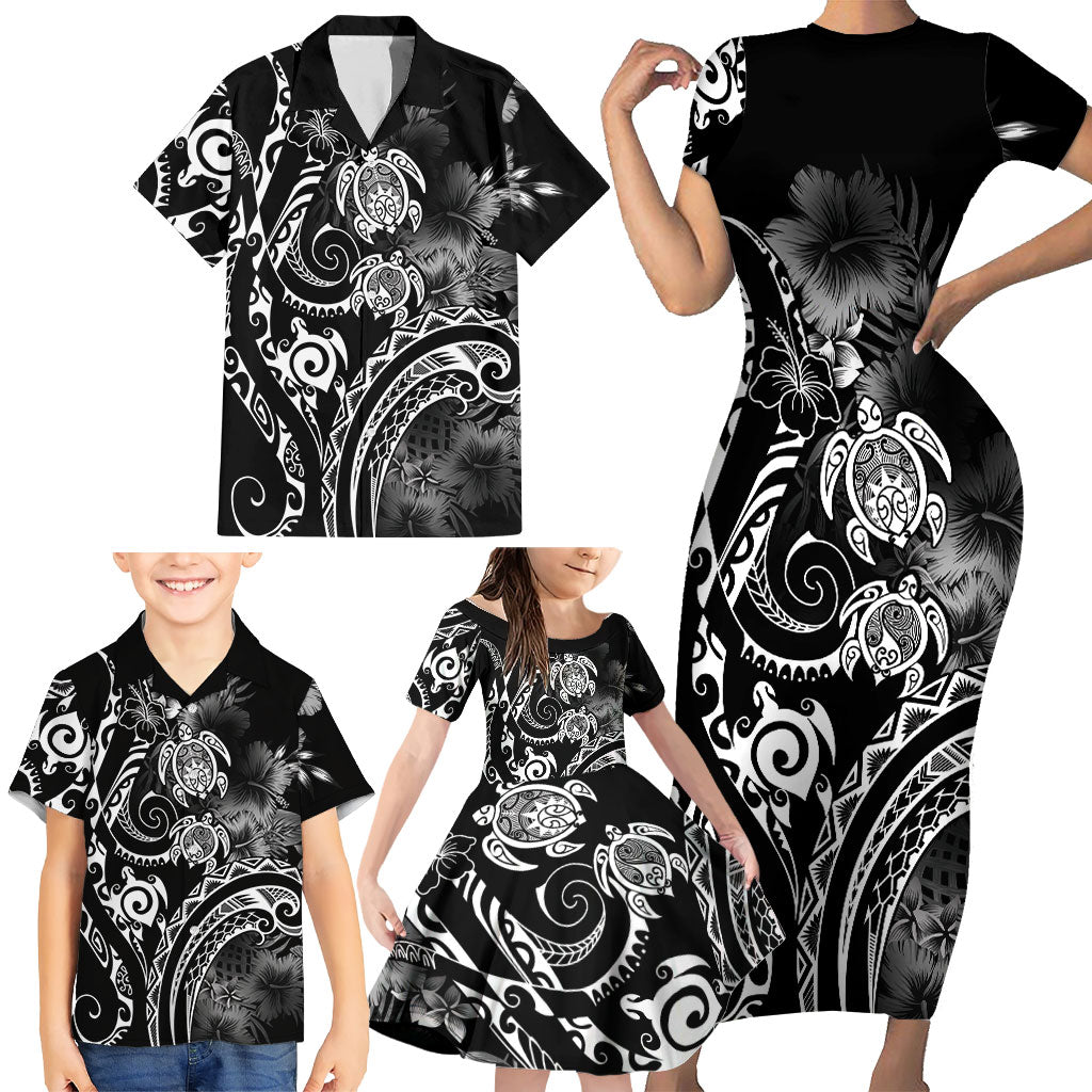 Aloha Hawaii Turtles Floral Family Matching Short Sleeve Bodycon Dress and Hawaiian Shirt Obsidian Glaze LT7 - Polynesian Pride