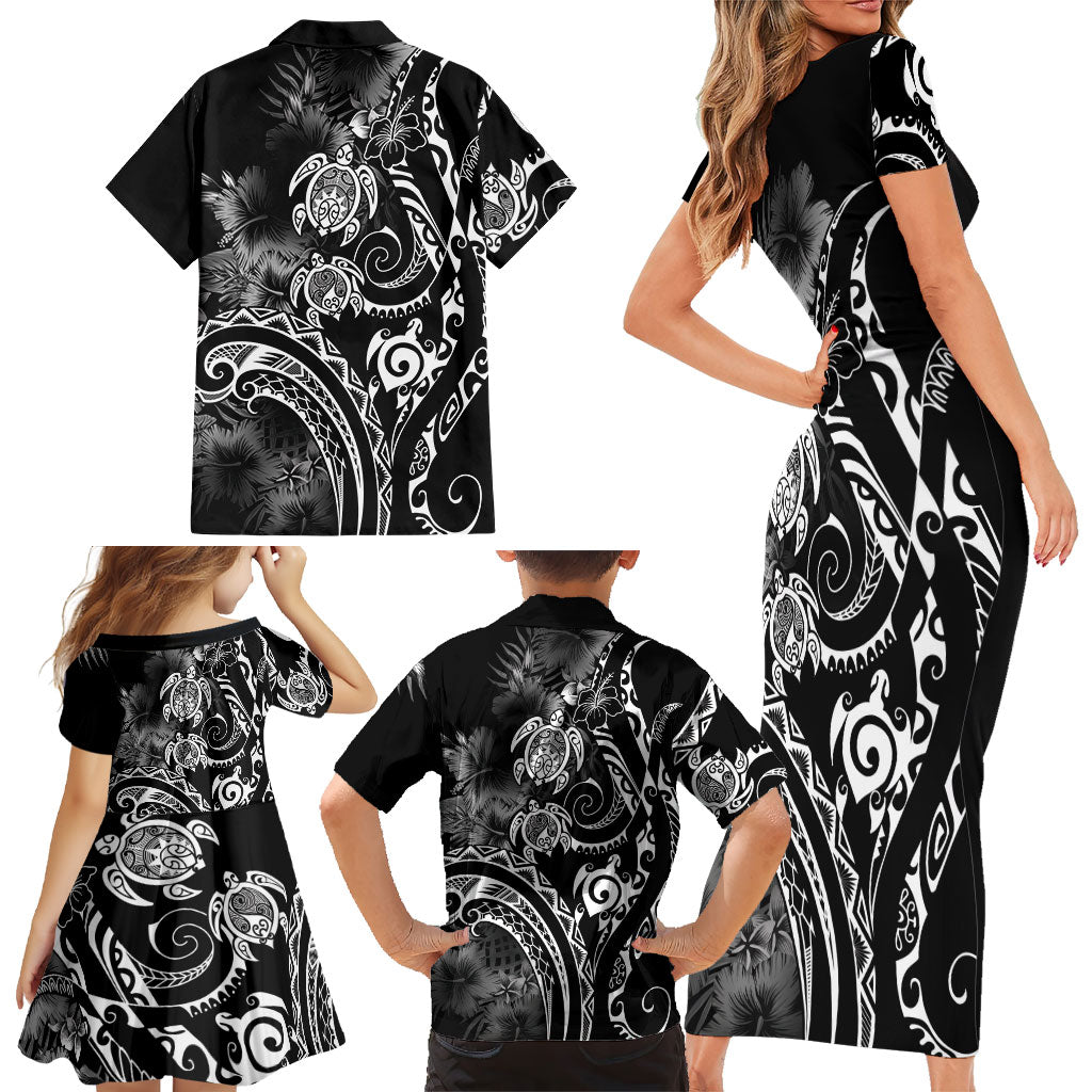 Aloha Hawaii Turtles Floral Family Matching Short Sleeve Bodycon Dress and Hawaiian Shirt Obsidian Glaze