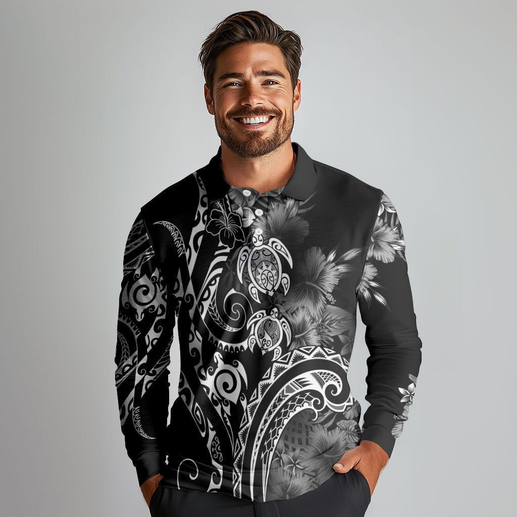 Aloha Hawaii Turtles Floral Long Sleeve Polo Shirt Obsidian Glaze