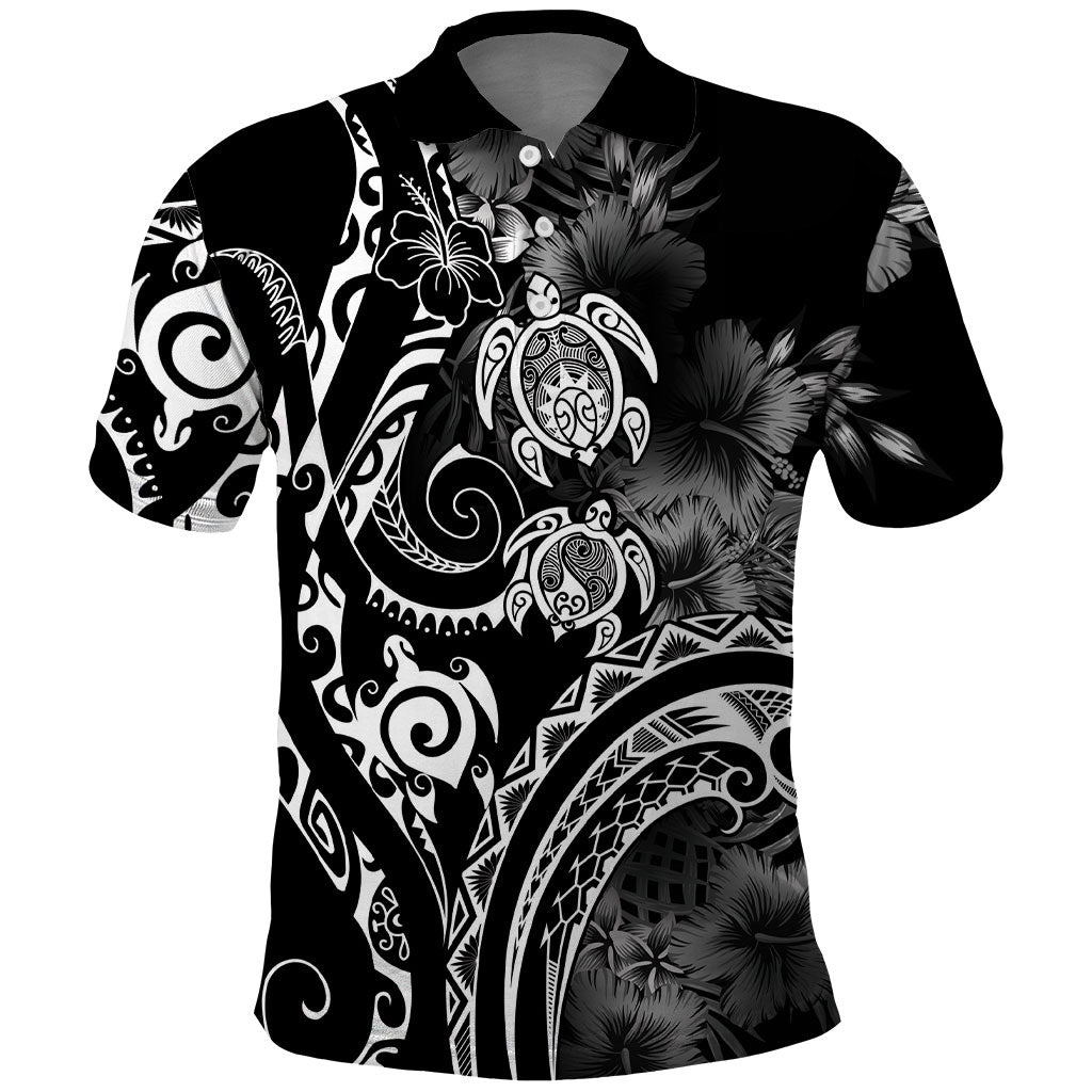 Aloha Hawaii Turtles Floral Polo Shirt Obsidian Glaze LT7 Black - Polynesian Pride
