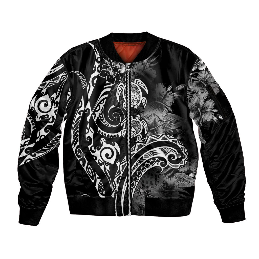 Aloha Hawaii Turtles Floral Sleeve Zip Bomber Jacket Obsidian Glaze LT7 Unisex Black - Polynesian Pride
