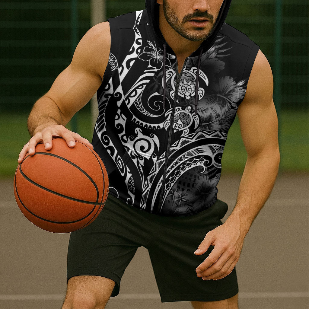 Aloha Hawaii Turtles Floral Sleeveless Zip Hoodie Obsidian Glaze