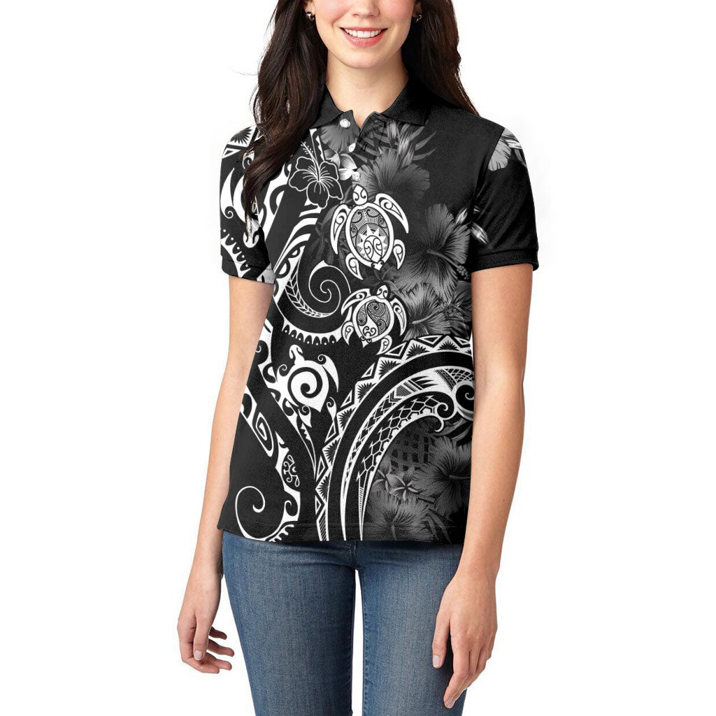 Aloha Hawaii Turtles Floral Women Polo Shirt Obsidian Glaze