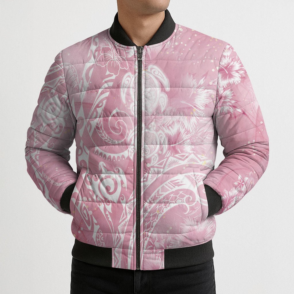 Aloha Hawaii Turtles Floral Bomber Puffer Jacket Pink Marbles Glaze
