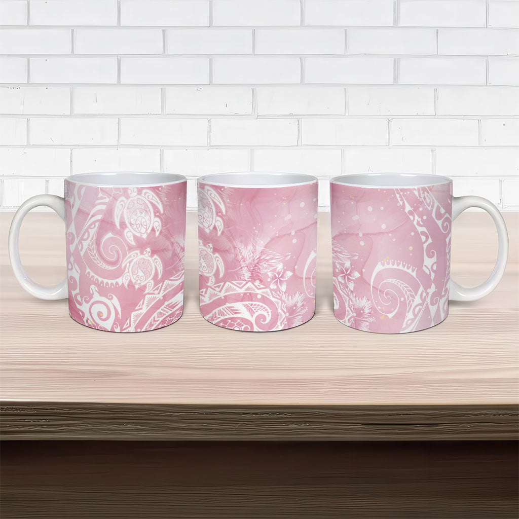 Aloha Hawaii Turtles Floral Ceramic Mug Pink Marbles Glaze
