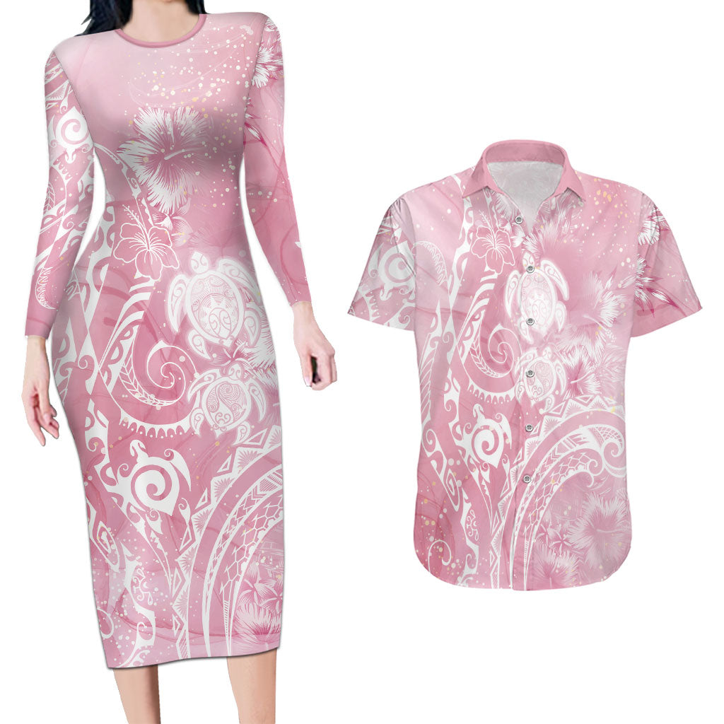Aloha Hawaii Turtles Floral Couples Matching Long Sleeve Bodycon Dress and Hawaiian Shirt Pink Marbles Glaze LT7 Pink - Polynesian Pride