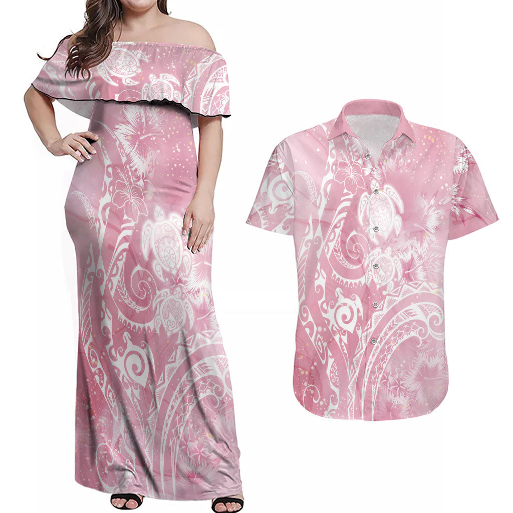 Aloha Hawaii Turtles Floral Couples Matching Off Shoulder Maxi Dress and Hawaiian Shirt Pink Marbles Glaze LT7 Pink - Polynesian Pride