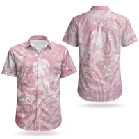 Aloha Hawaii Turtles Floral Couples Matching Off Shoulder Short Dress and Hawaiian Shirt Pink Marbles Glaze LT7 - Polynesian Pride