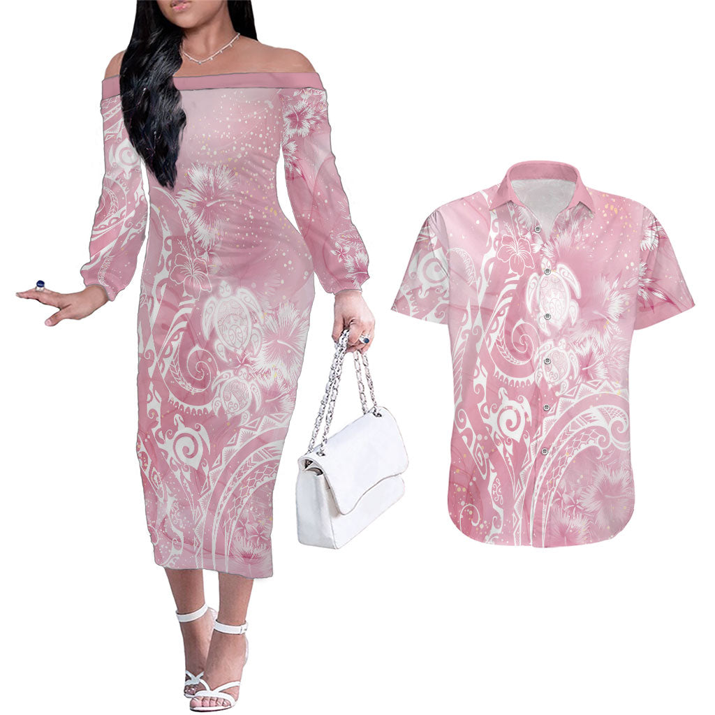 Aloha Hawaii Turtles Floral Couples Matching Off The Shoulder Long Sleeve Dress and Hawaiian Shirt Pink Marbles Glaze LT7 Pink - Polynesian Pride