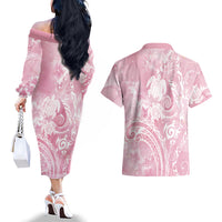 Aloha Hawaii Turtles Floral Couples Matching Off The Shoulder Long Sleeve Dress and Hawaiian Shirt Pink Marbles Glaze