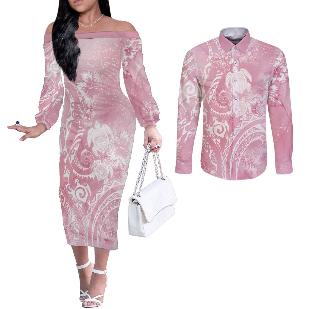Aloha Hawaii Turtles Floral Couples Matching Off The Shoulder Long Sleeve Dress and Long Sleeve Button Shirt Pink Marbles Glaze LT7 Pink - Polynesian Pride
