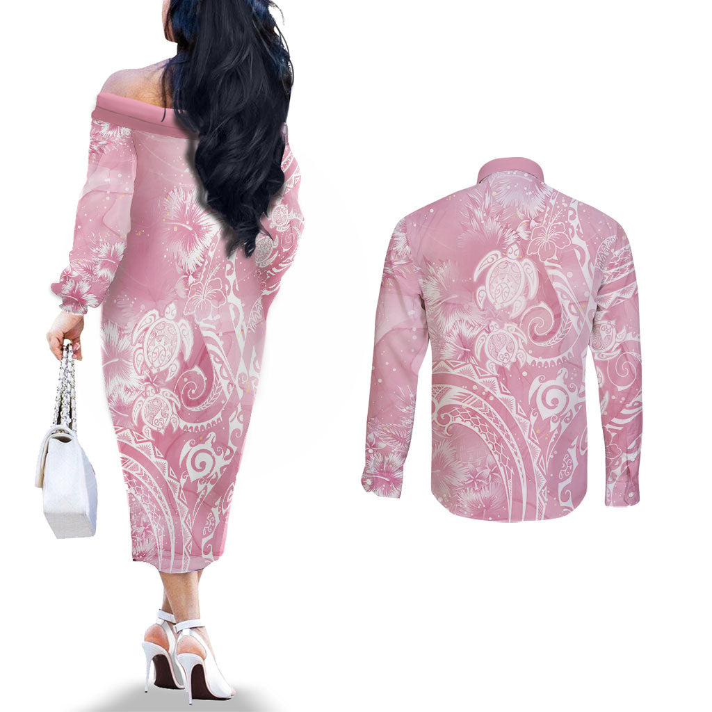 Aloha Hawaii Turtles Floral Couples Matching Off The Shoulder Long Sleeve Dress and Long Sleeve Button Shirt Pink Marbles Glaze