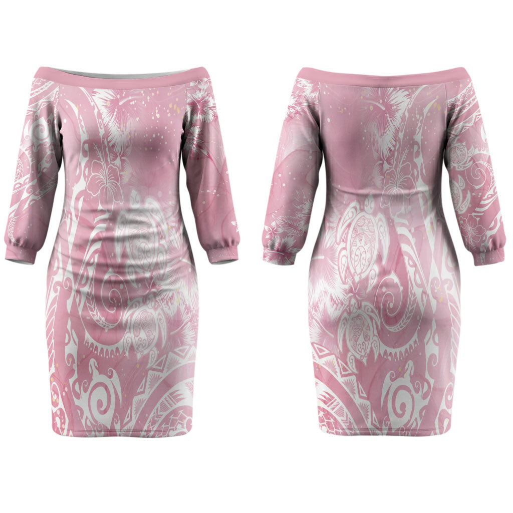 Aloha Hawaii Turtles Floral Couples Matching Off The Shoulder Long Sleeve Dress and Long Sleeve Button Shirt Pink Marbles Glaze LT7 - Polynesian Pride