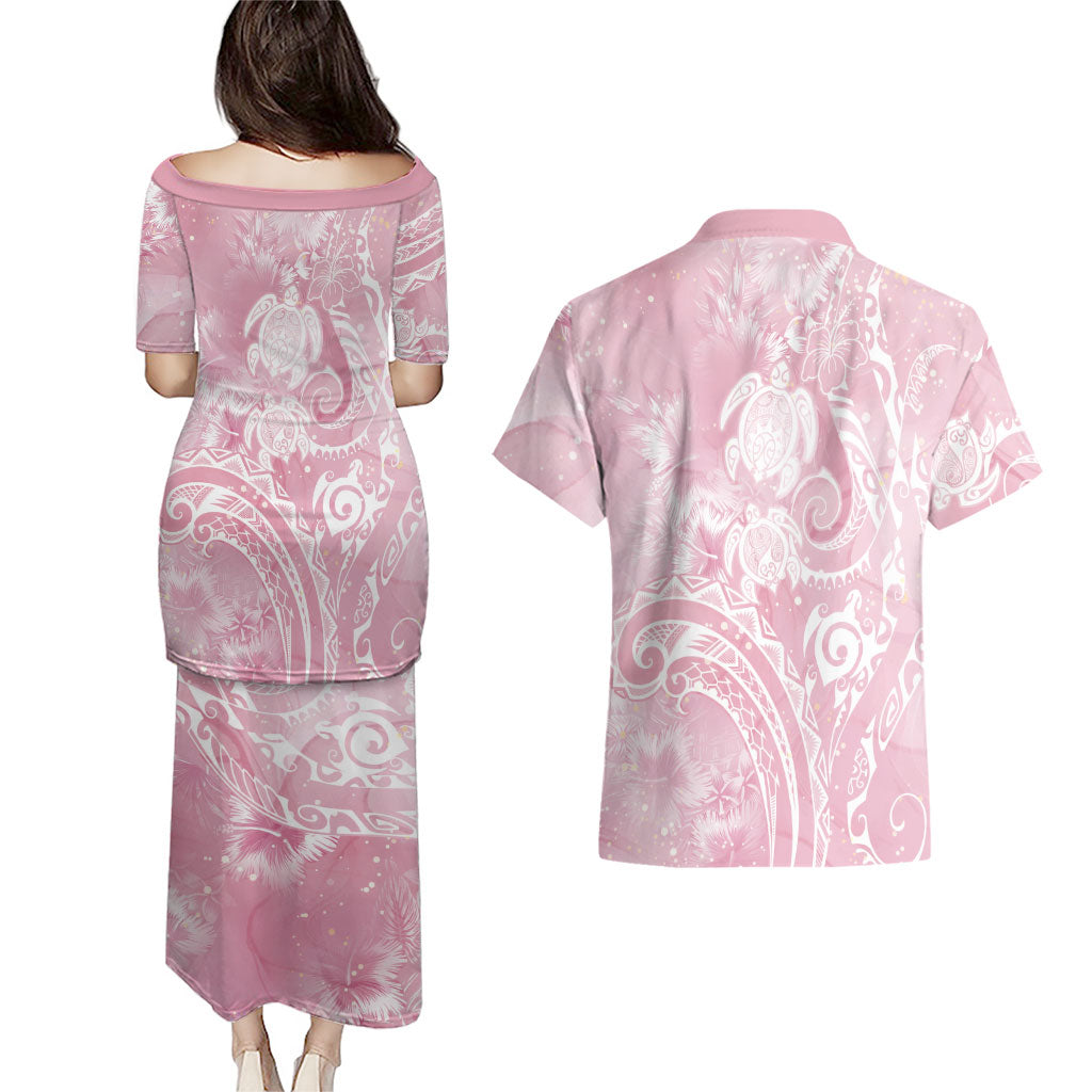 Aloha Hawaii Turtles Floral Couples Matching Puletasi and Hawaiian Shirt Pink Marbles Glaze