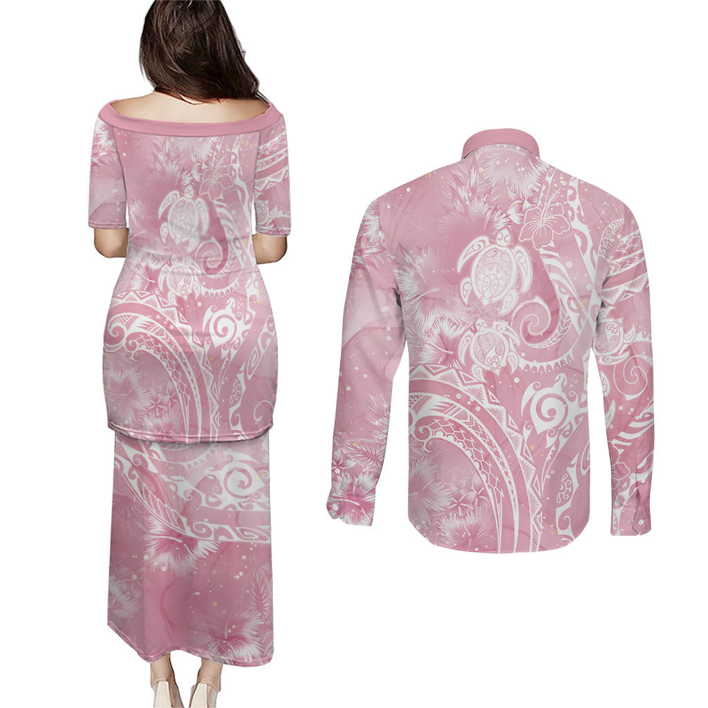 Aloha Hawaii Turtles Floral Couples Matching Puletasi and Long Sleeve Button Shirt Pink Marbles Glaze