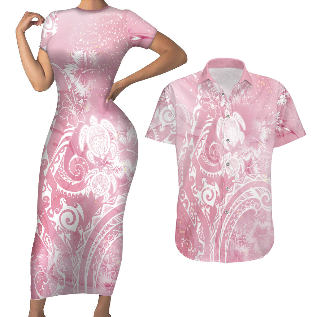 Aloha Hawaii Turtles Floral Couples Matching Short Sleeve Bodycon Dress and Hawaiian Shirt Pink Marbles Glaze LT7 Pink - Polynesian Pride
