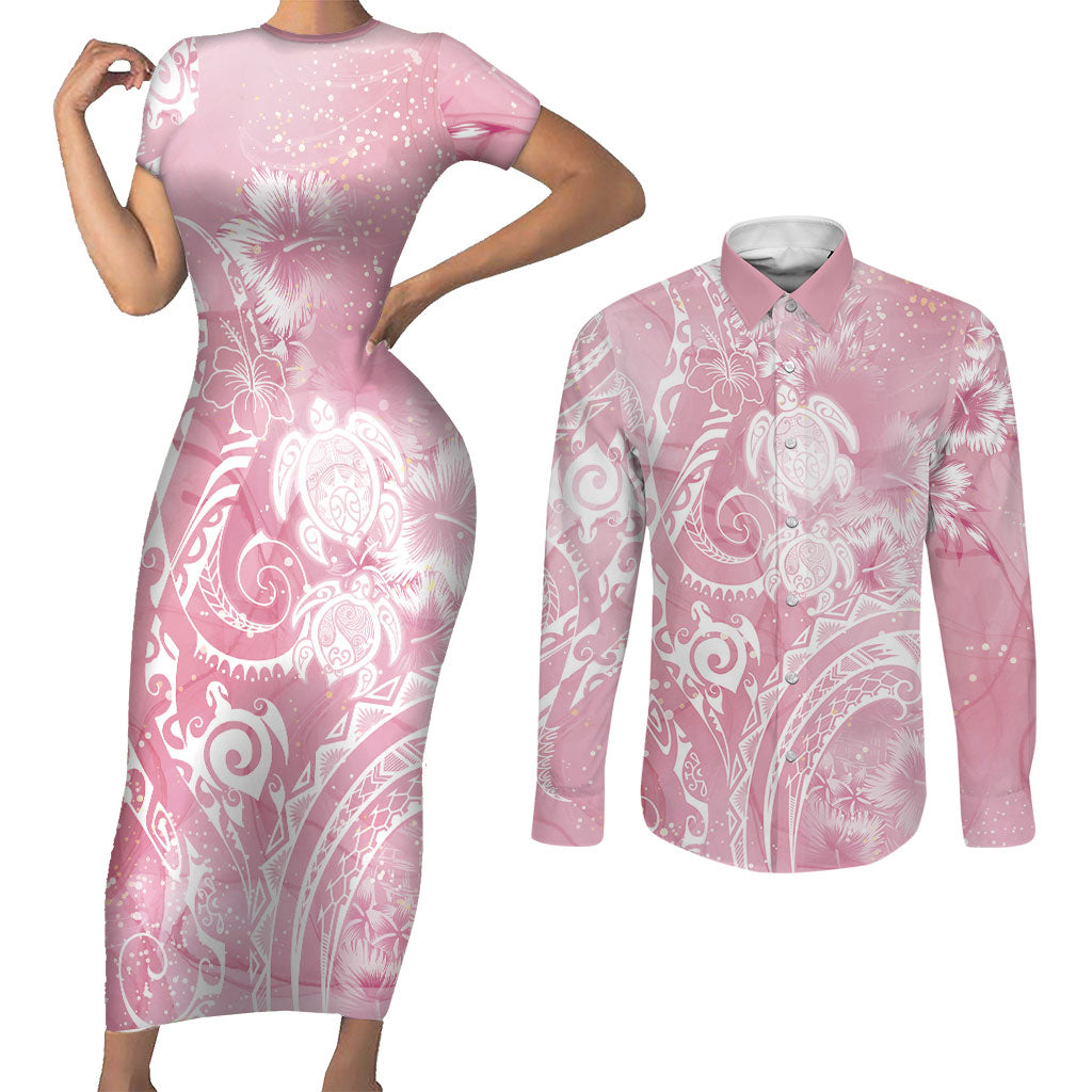 Aloha Hawaii Turtles Floral Couples Matching Short Sleeve Bodycon Dress and Long Sleeve Button Shirt Pink Marbles Glaze