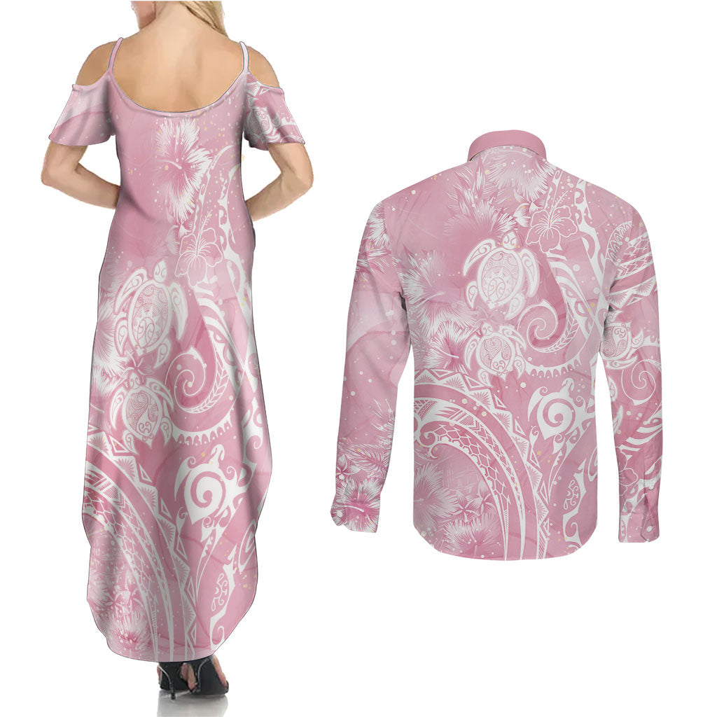 Aloha Hawaii Turtles Floral Couples Matching Summer Maxi Dress and Long Sleeve Button Shirt Pink Marbles Glaze