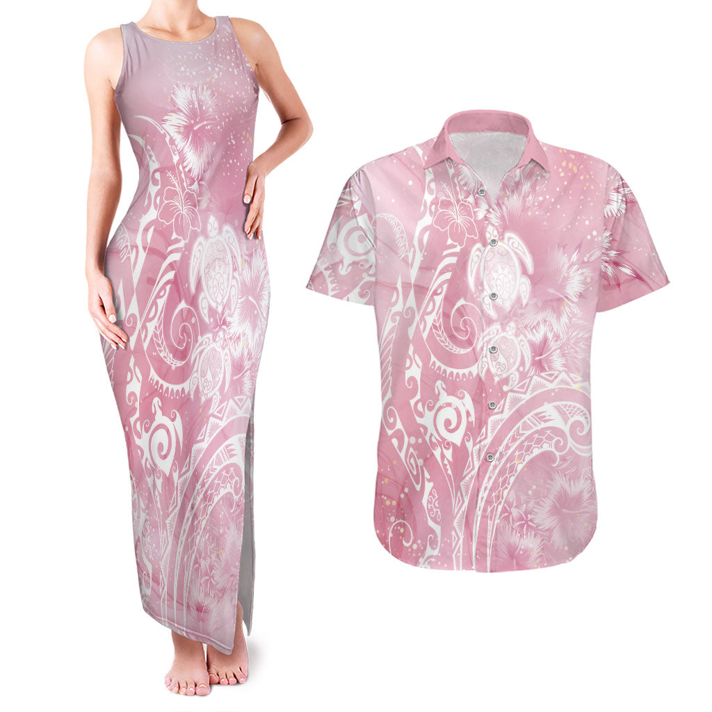 Aloha Hawaii Turtles Floral Couples Matching Tank Maxi Dress and Hawaiian Shirt Pink Marbles Glaze