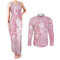 Aloha Hawaii Turtles Floral Couples Matching Tank Maxi Dress and Long Sleeve Button Shirt Pink Marbles Glaze