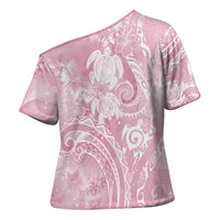 Aloha Hawaii Turtles Floral Cross Shoulder Shirt Pink Marbles Glaze