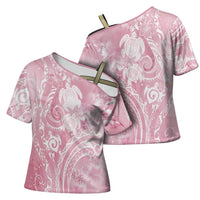 Aloha Hawaii Turtles Floral Cross Shoulder Shirt Pink Marbles Glaze