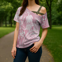 Aloha Hawaii Turtles Floral Cross Shoulder Shirt Pink Marbles Glaze