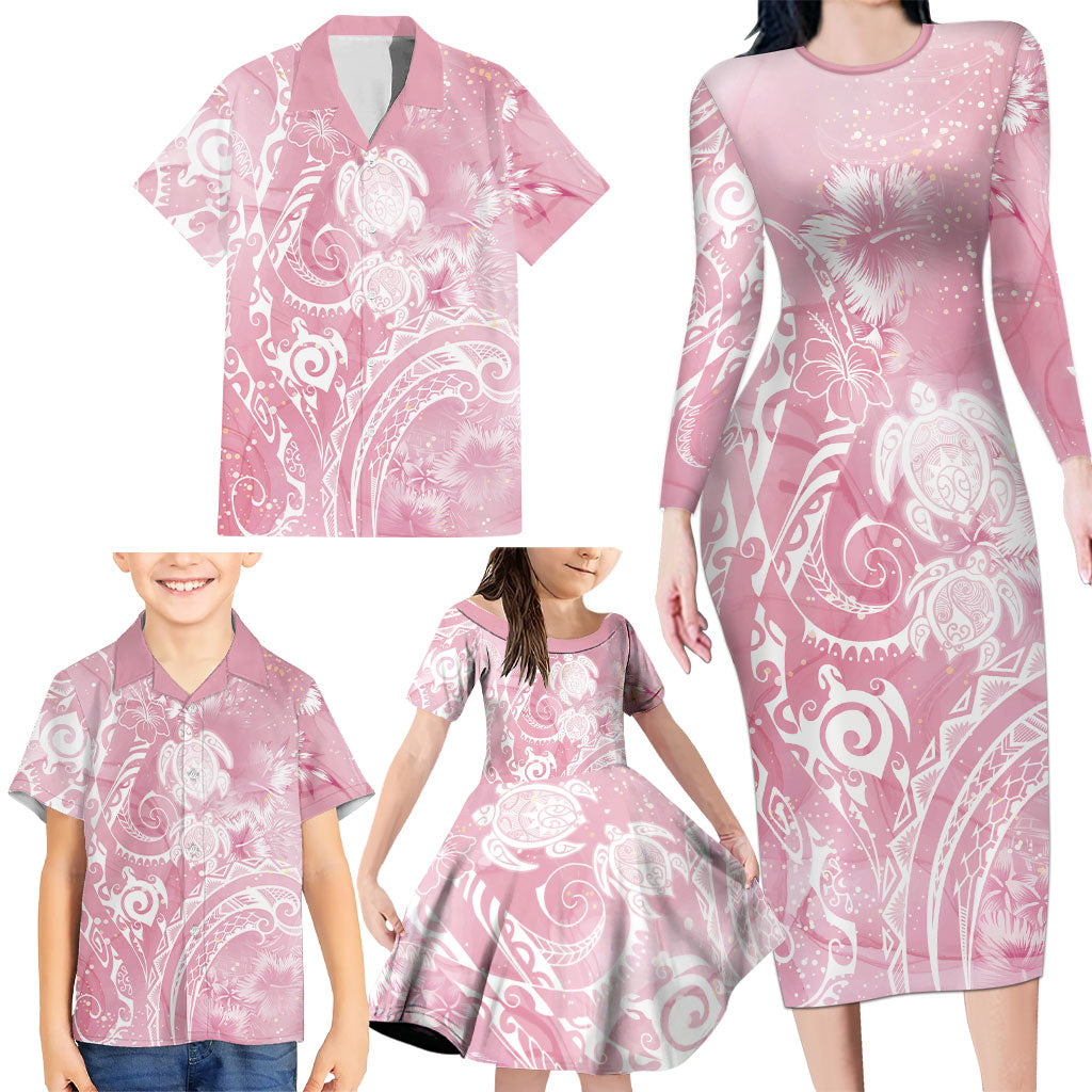 Aloha Hawaii Turtles Floral Family Matching Long Sleeve Bodycon Dress and Hawaiian Shirt Pink Marbles Glaze