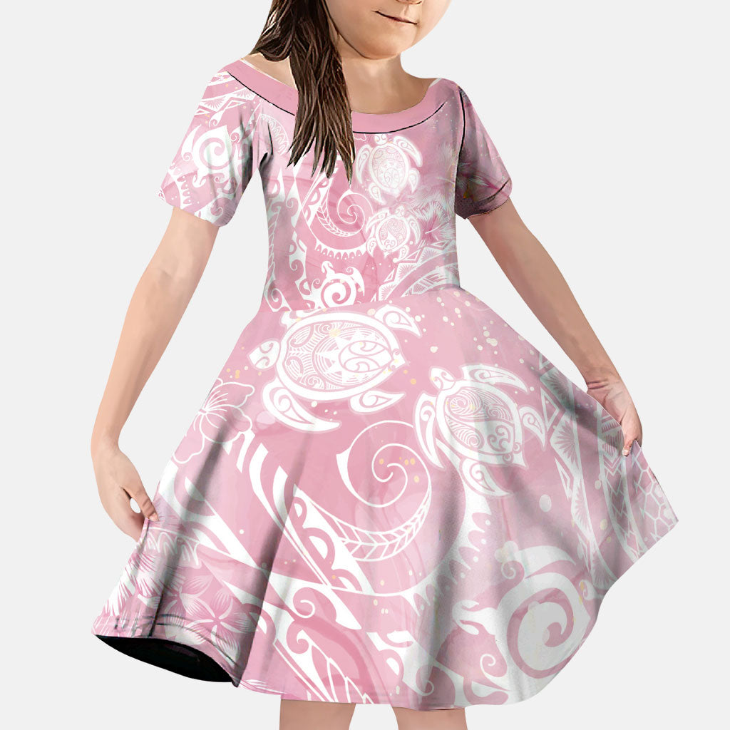 Aloha Hawaii Turtles Floral Family Matching Short Sleeve Bodycon Dress and Hawaiian Shirt Pink Marbles Glaze