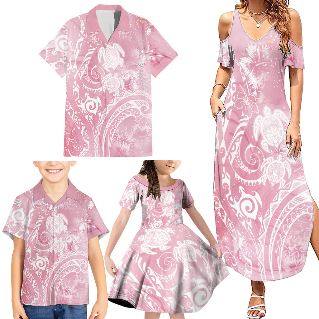 Aloha Hawaii Turtles Floral Family Matching Summer Maxi Dress and Hawaiian Shirt Pink Marbles Glaze