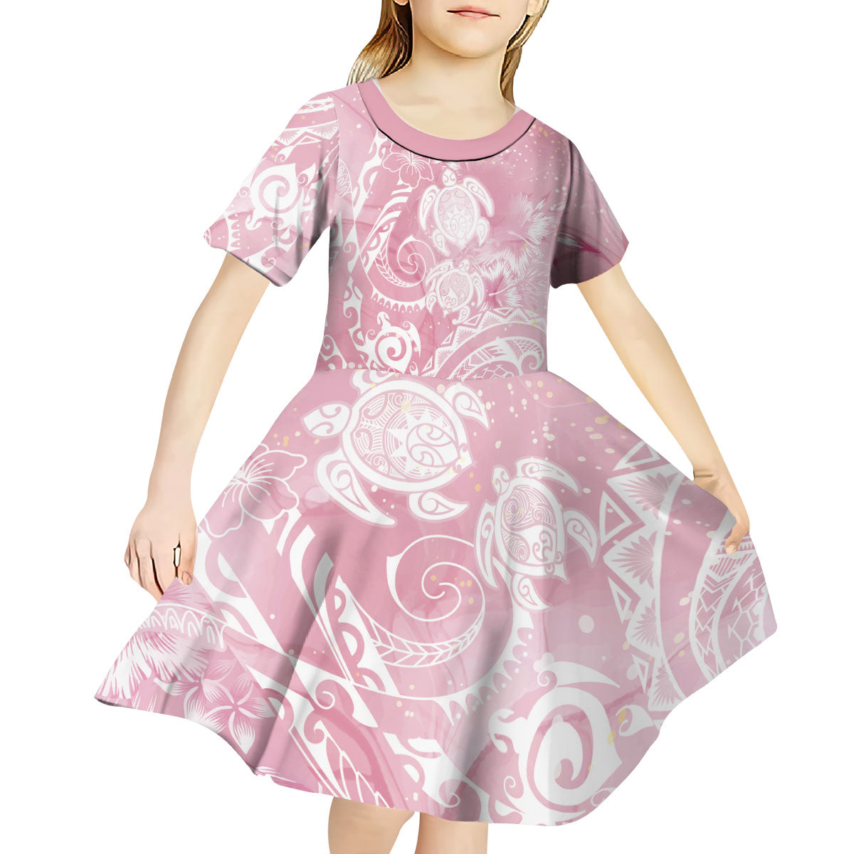 Aloha Hawaii Turtles Floral Kid Short Sleeve Dress Pink Marbles Glaze