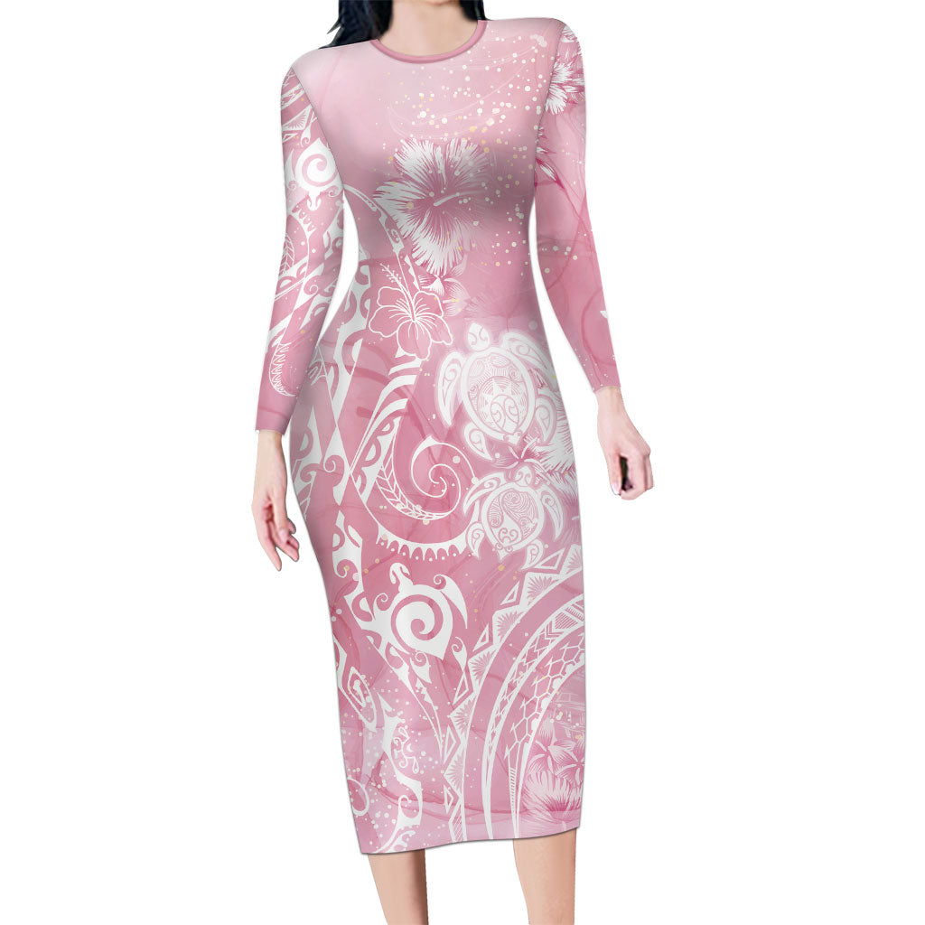 Aloha Hawaii Turtles Floral Long Sleeve Bodycon Dress Pink Marbles Glaze