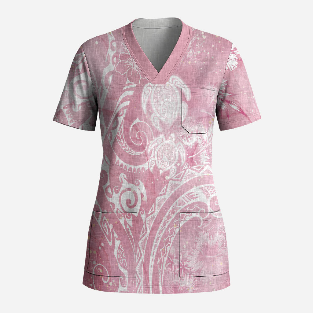 Aloha Hawaii Turtles Floral Scrub Top Pink Marbles Glaze