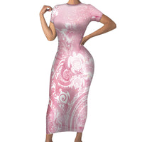 Aloha Hawaii Turtles Floral Short Sleeve Bodycon Dress Pink Marbles Glaze
