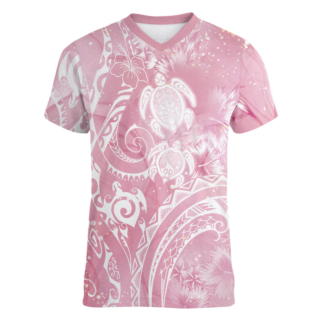 Aloha Hawaii Turtles Floral Women V-Neck T-Shirt Pink Marbles Glaze
