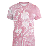 Aloha Hawaii Turtles Floral Women V-Neck T-Shirt Pink Marbles Glaze