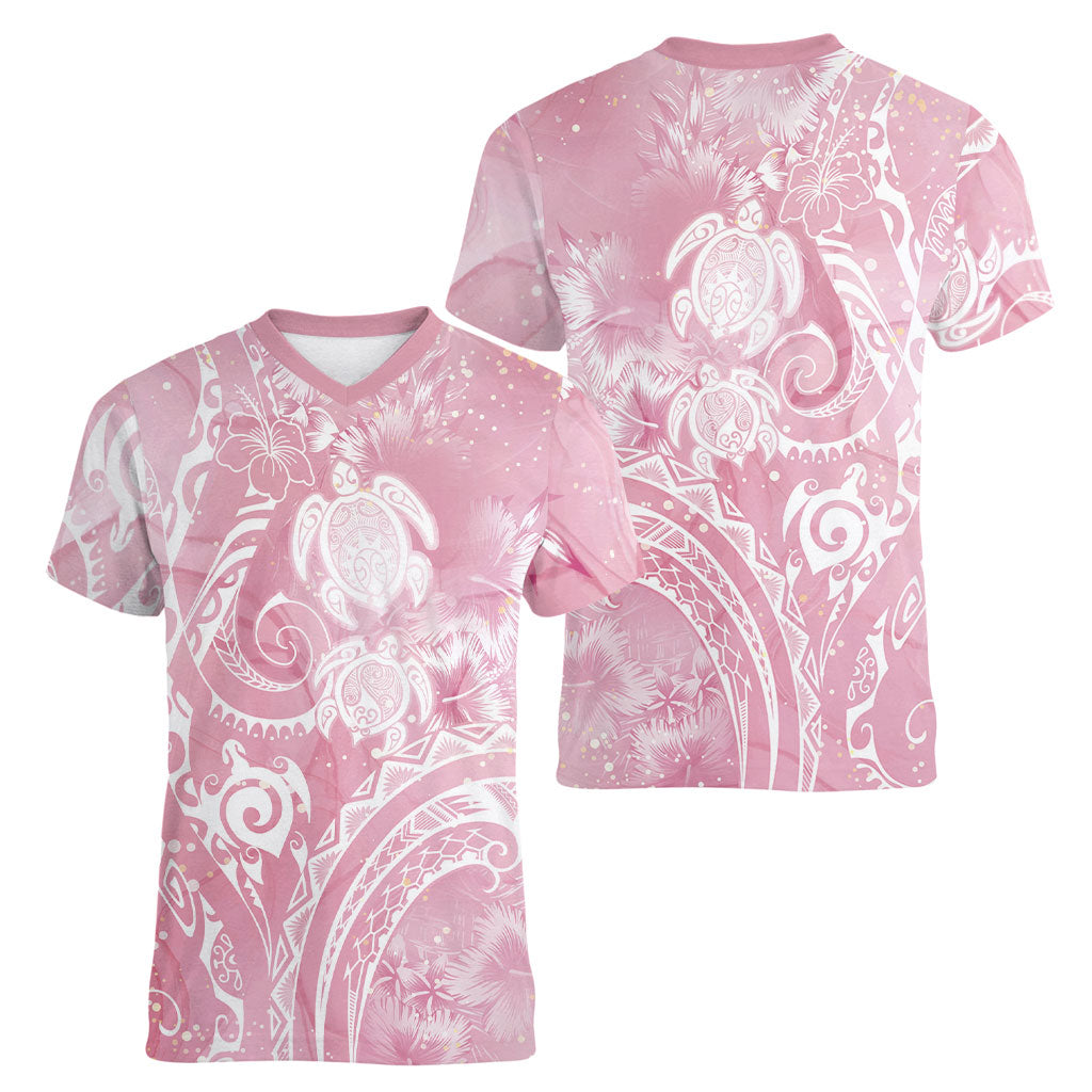 Aloha Hawaii Turtles Floral Women V-Neck T-Shirt Pink Marbles Glaze