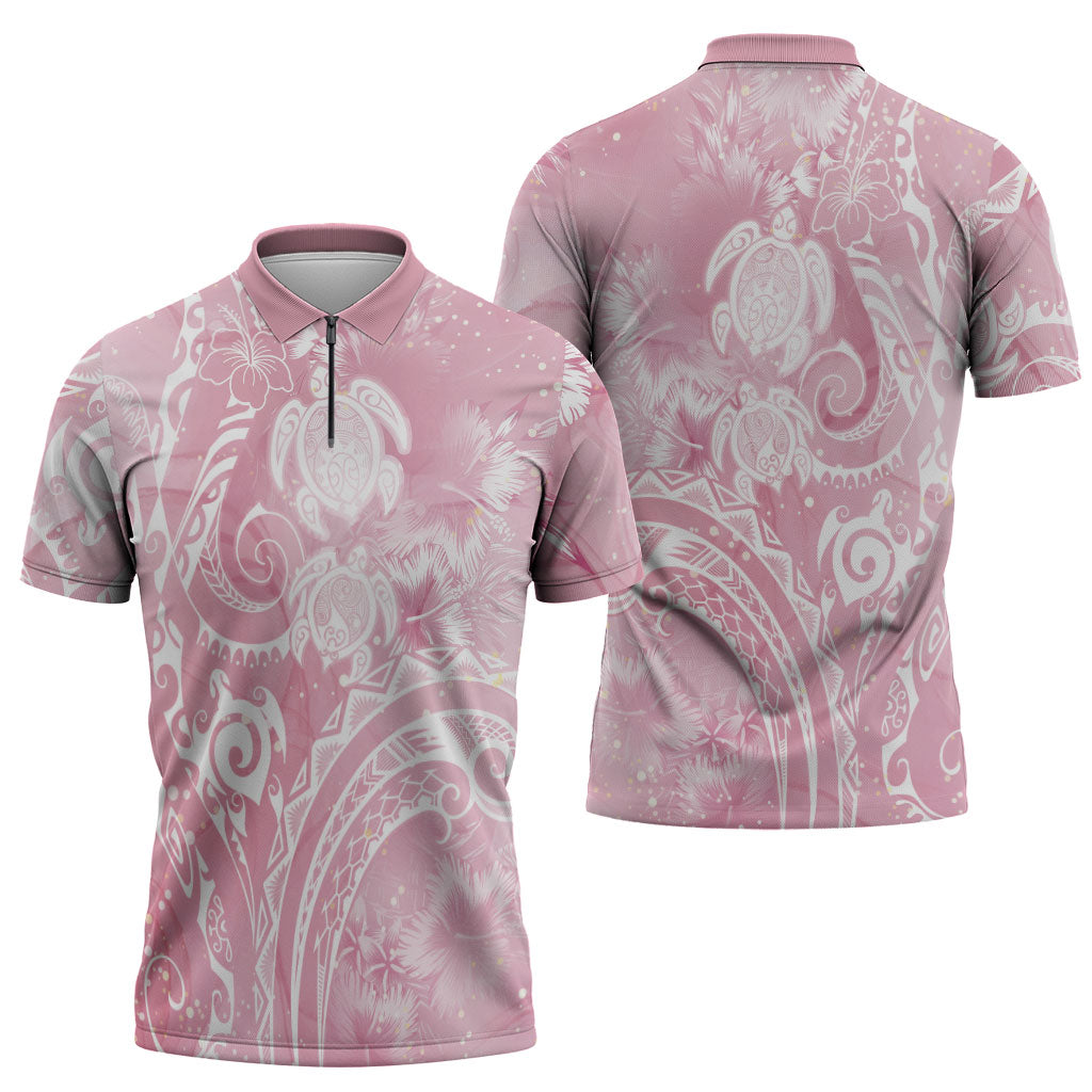 Aloha Hawaii Turtles Floral Zipper Polo Shirt Pink Marbles Glaze