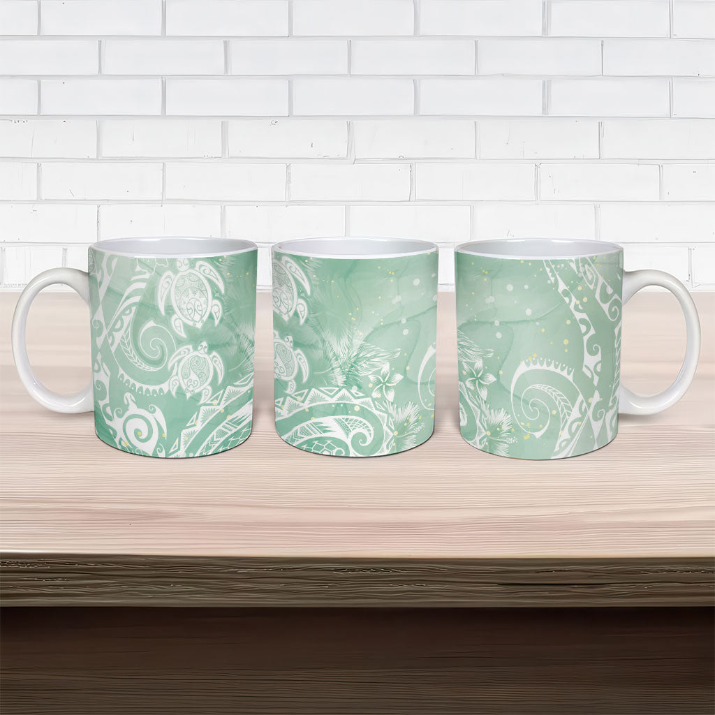 Aloha Hawaii Turtles Floral Ceramic Mug Seafoam Marbles Glaze