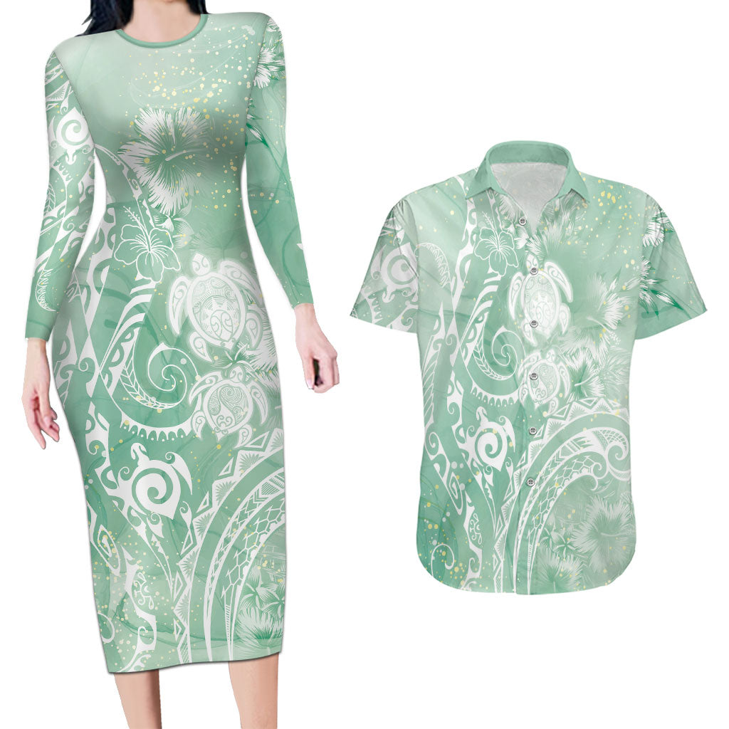 Aloha Hawaii Turtles Floral Couples Matching Long Sleeve Bodycon Dress and Hawaiian Shirt Seafoam Marbles Glaze