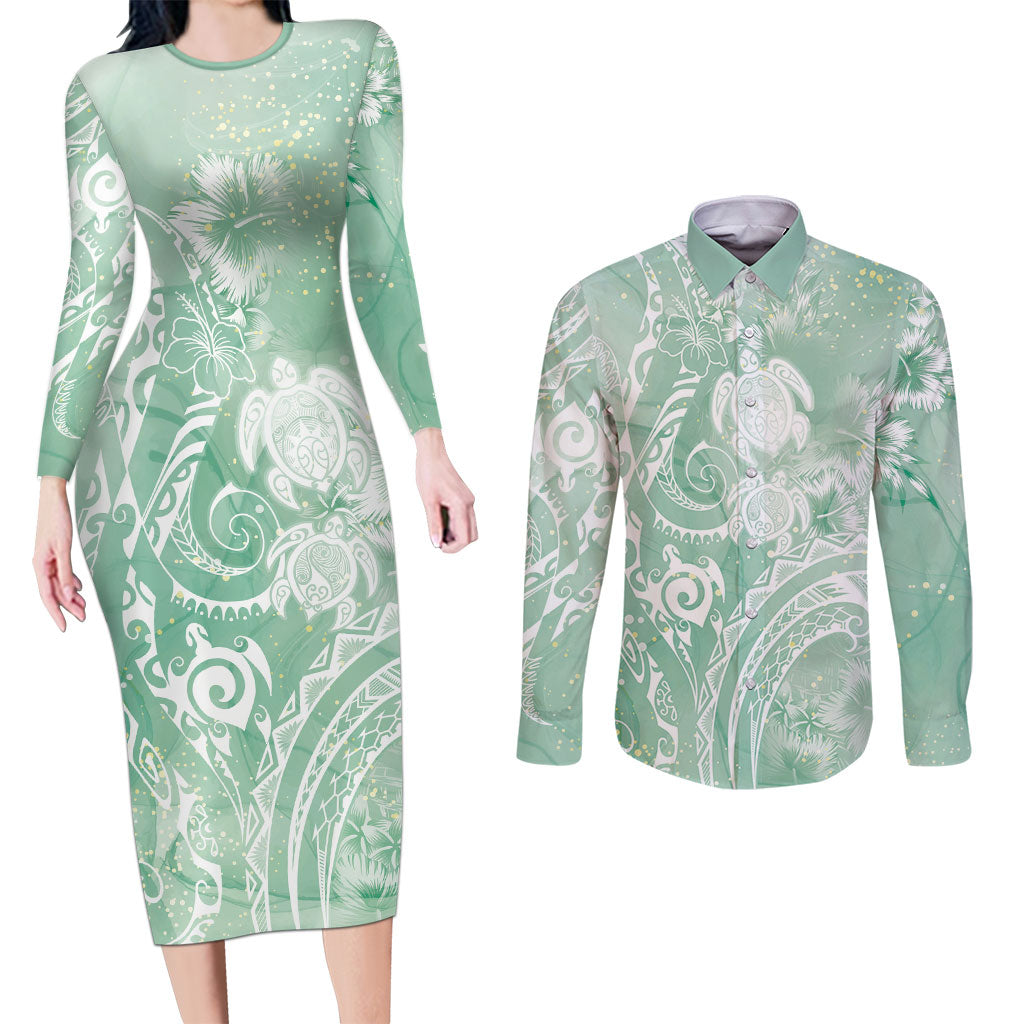 Aloha Hawaii Turtles Floral Couples Matching Long Sleeve Bodycon Dress and Long Sleeve Button Shirt Seafoam Marbles Glaze LT7 Seafoam - Polynesian Pride