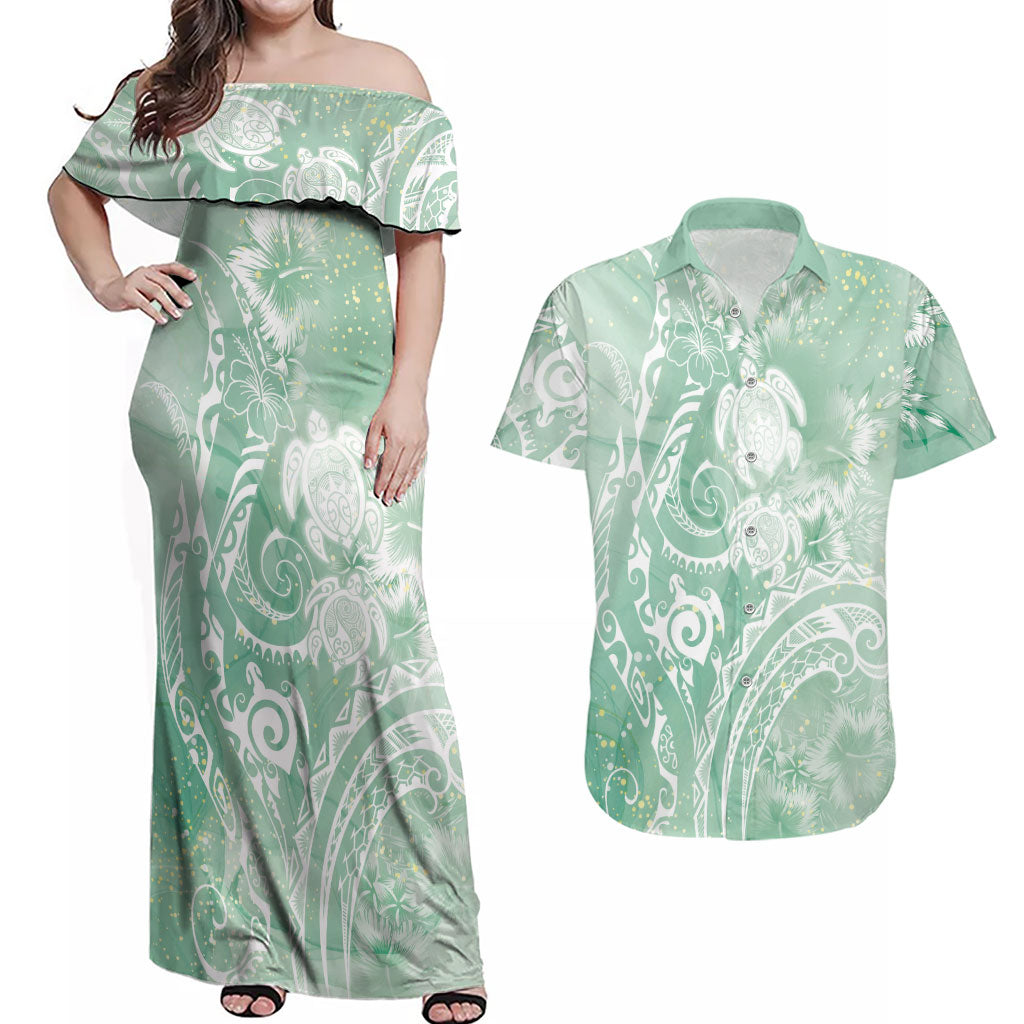 Aloha Hawaii Turtles Floral Couples Matching Off Shoulder Maxi Dress and Hawaiian Shirt Seafoam Marbles Glaze LT7 Seafoam - Polynesian Pride