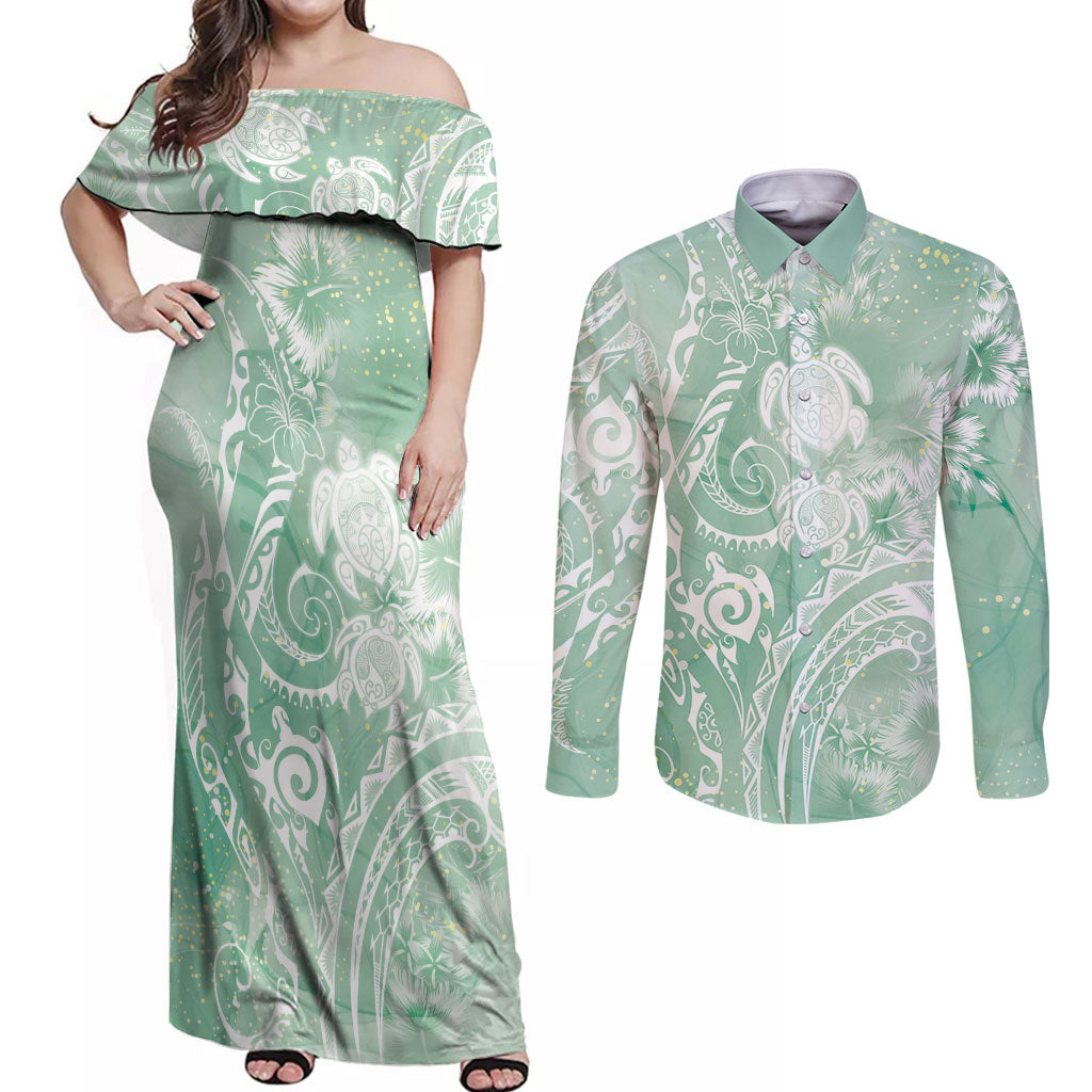 Aloha Hawaii Turtles Floral Couples Matching Off Shoulder Maxi Dress and Long Sleeve Button Shirt Seafoam Marbles Glaze