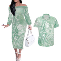 Aloha Hawaii Turtles Floral Couples Matching Off The Shoulder Long Sleeve Dress and Hawaiian Shirt Seafoam Marbles Glaze