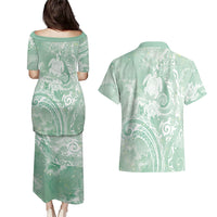 Aloha Hawaii Turtles Floral Couples Matching Puletasi and Hawaiian Shirt Seafoam Marbles Glaze