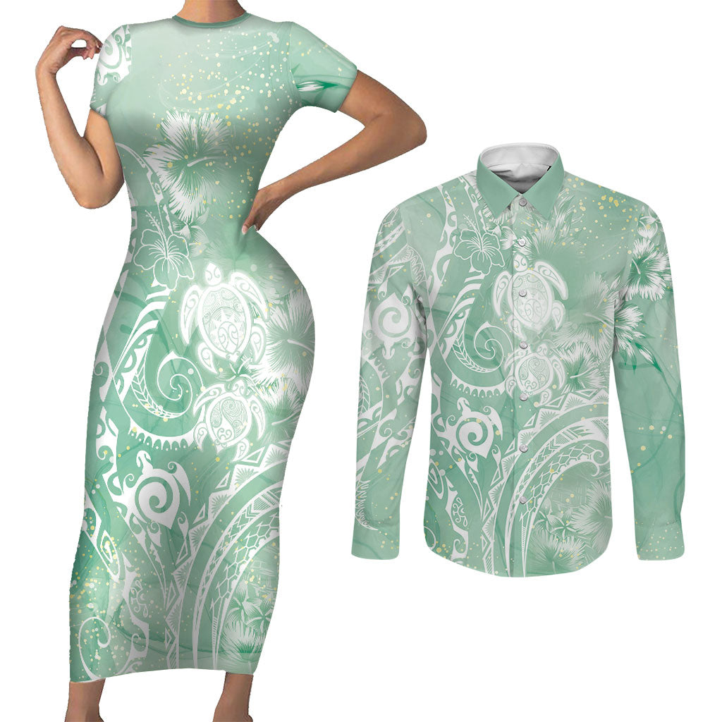 Aloha Hawaii Turtles Floral Couples Matching Short Sleeve Bodycon Dress and Long Sleeve Button Shirt Seafoam Marbles Glaze LT7 Seafoam - Polynesian Pride