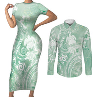 Aloha Hawaii Turtles Floral Couples Matching Short Sleeve Bodycon Dress and Long Sleeve Button Shirt Seafoam Marbles Glaze