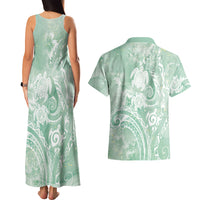 Aloha Hawaii Turtles Floral Couples Matching Tank Maxi Dress and Hawaiian Shirt Seafoam Marbles Glaze