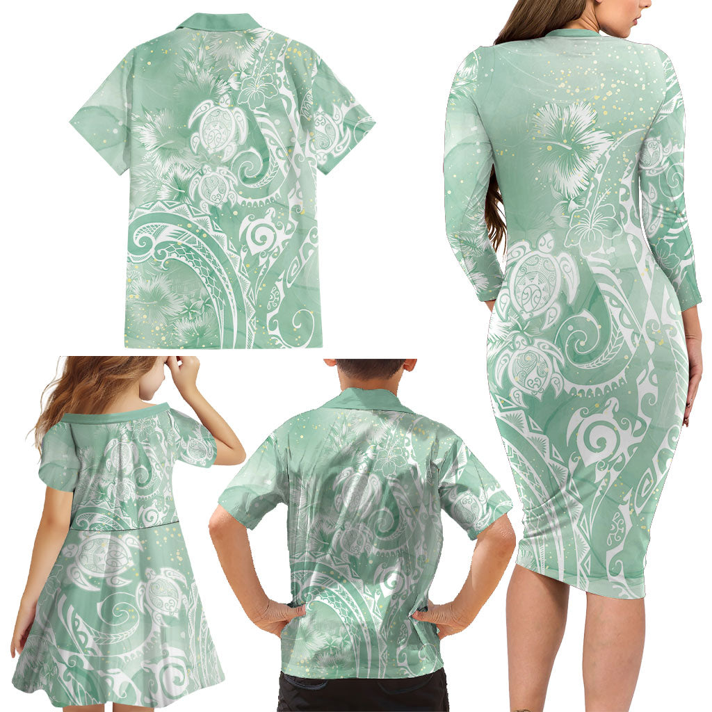 Aloha Hawaii Turtles Floral Family Matching Long Sleeve Bodycon Dress and Hawaiian Shirt Seafoam Marbles Glaze